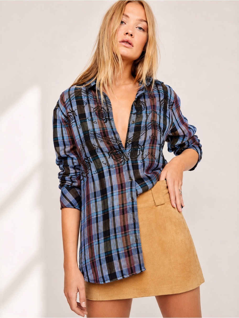 Free People Magical Embroidered Plaid Button Down Shirt XS NWT